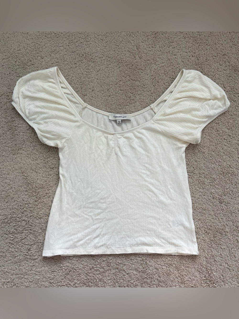Francesca's Cream Ribbed Scoop Neck Crop Top with Puff Sleeves